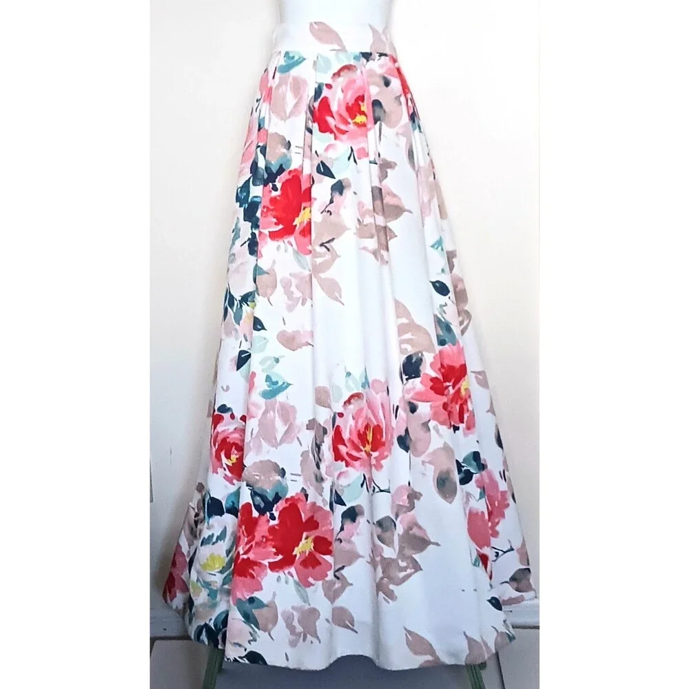 Eliza J Floral Print Pleated Maxi Skirt Ballroom Lined Pockets Sz 6